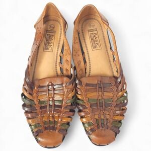 Vintage Y2k Basic Editions Woven Leather Huarache Sandals 8.5W Brown  Boho Flat